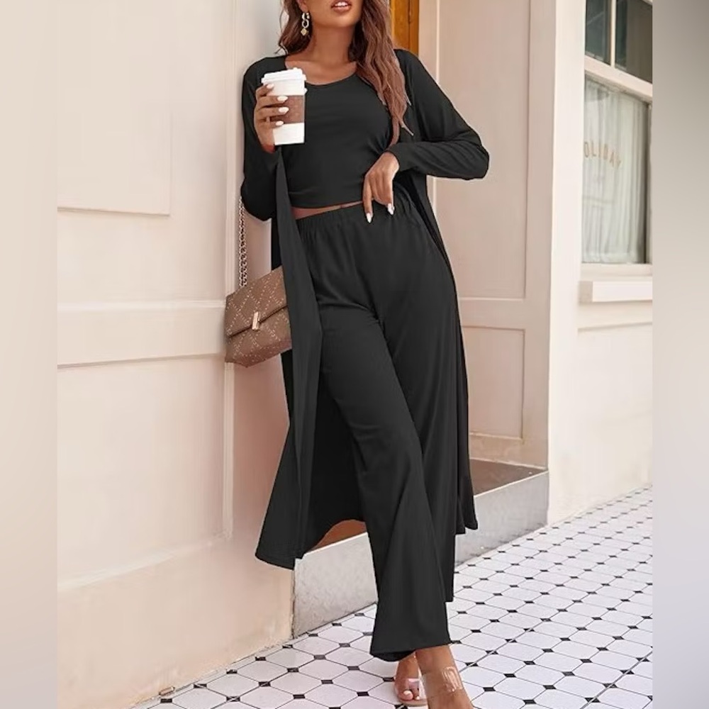 3 pc (Robe/Crop Top/Pants) Black Silky Loungewear Set Size Medium